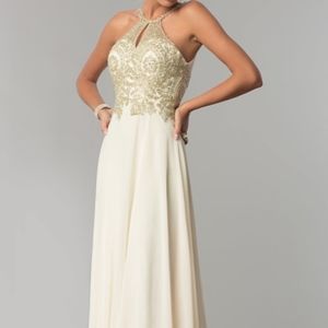 High Neck Long Chiffon V Back ChampagneProm Dress